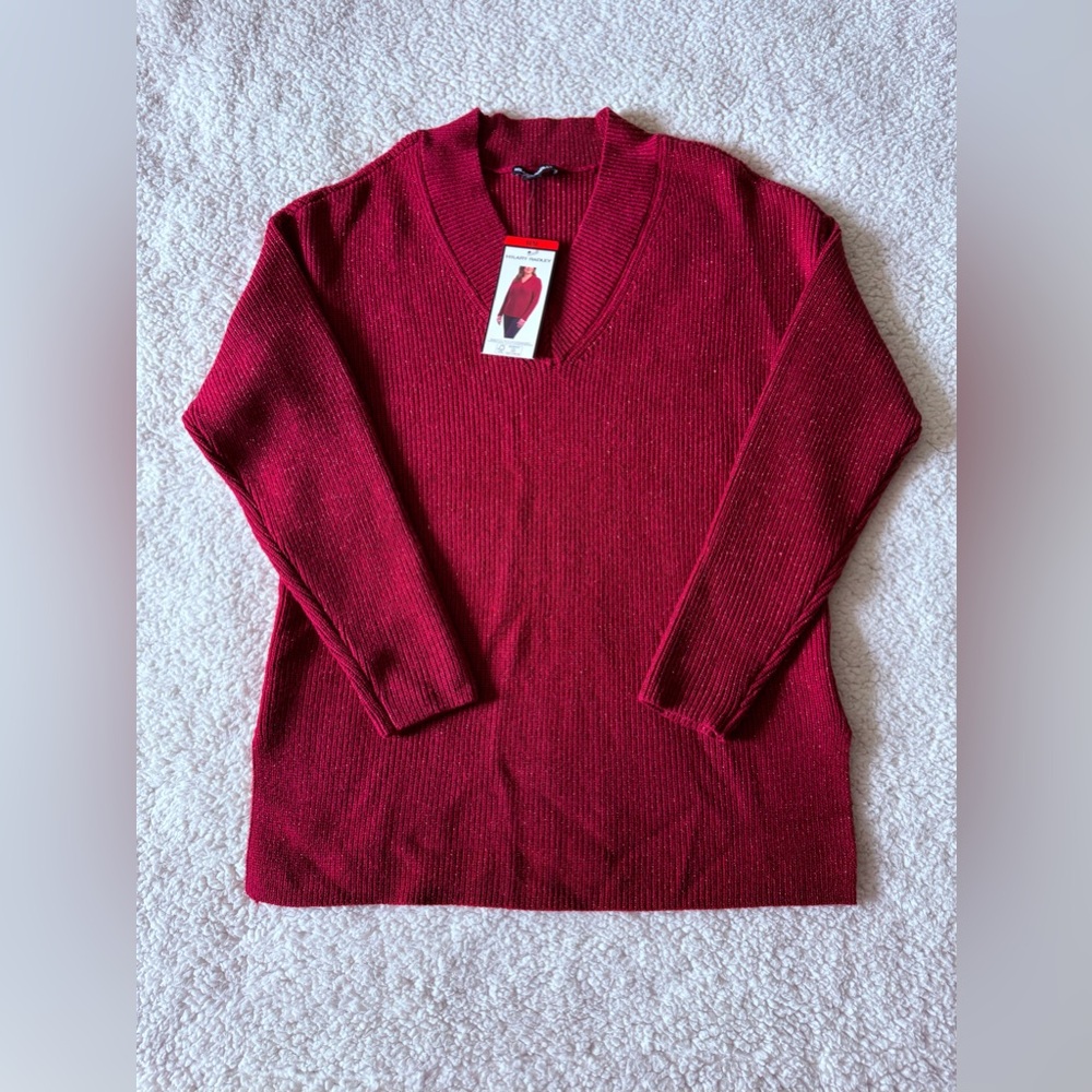 Hilary Radley Sparkle Knit V-Neck Long Sleeve Sweater Burgundy Size Medium New